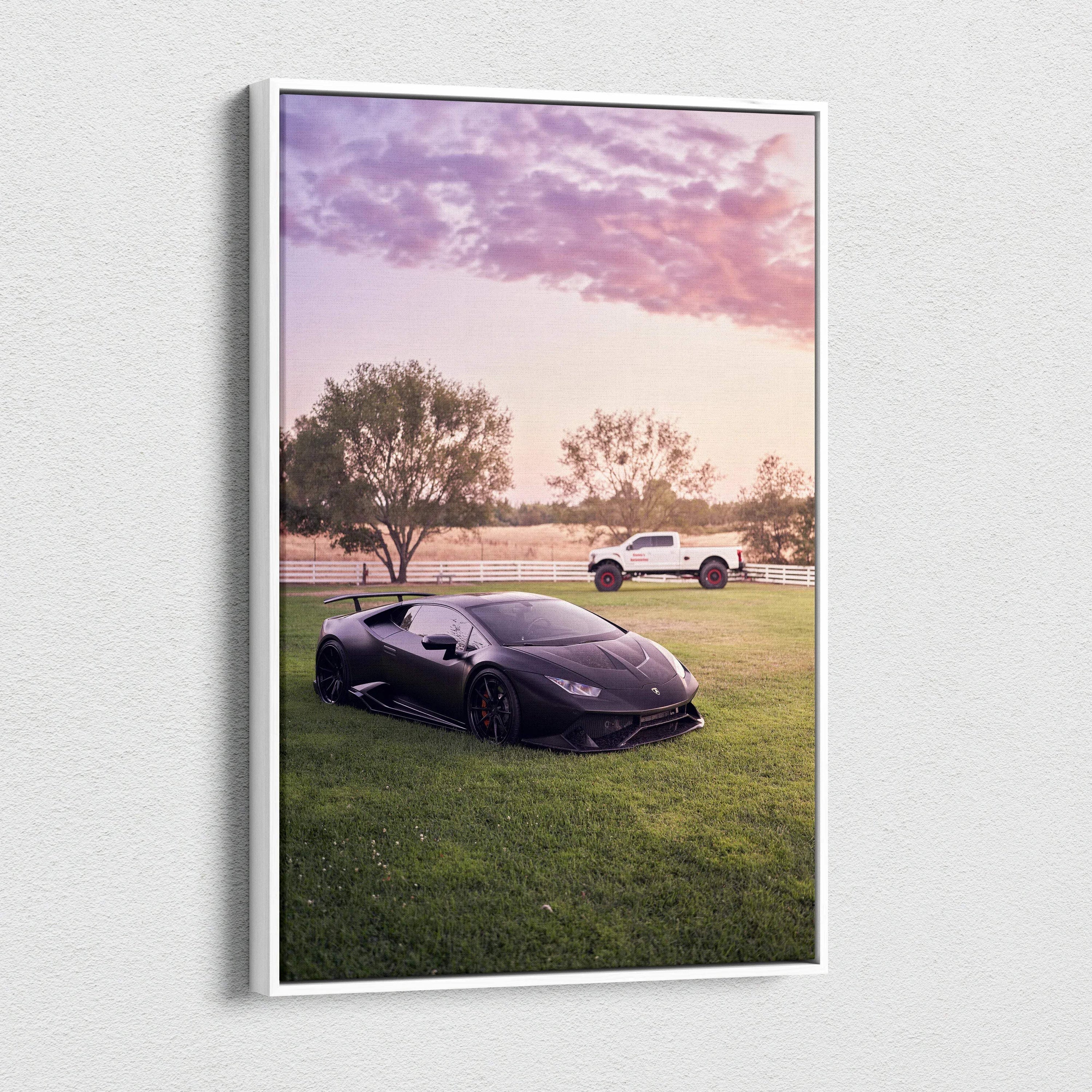 Lamborghini Huracan on grass under purple sky canvas art wall art with white frame.