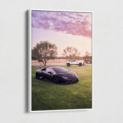 Lamborghini Huracan on grass under purple sky canvas art wall art with white frame.