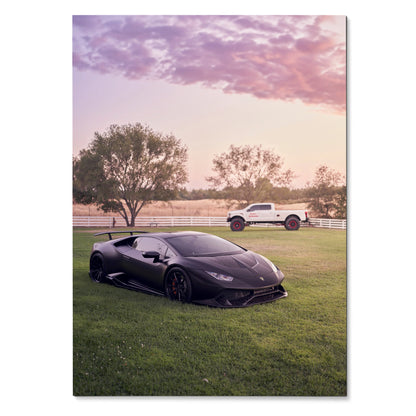 Lamborghini Huracan matte black sports car parked on grass at sunset poster wall art.