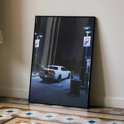 Dodge Challenger car poster at gas station at night, sleek white muscle car wall art.