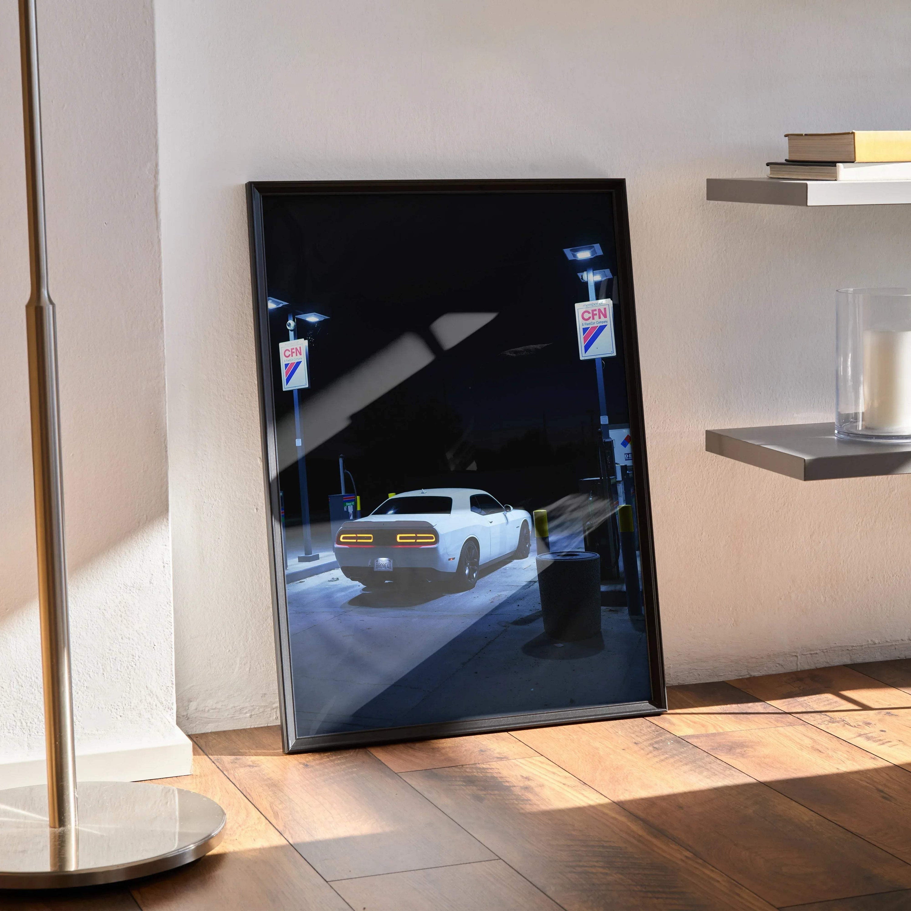 Dodge Challenger white car poster on wood floor, modern room wall art with night street scene.