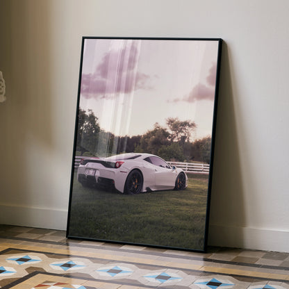 Ferrari 458 Italia supercar Poster wall art featuring white car on grass under cloudy sky.
