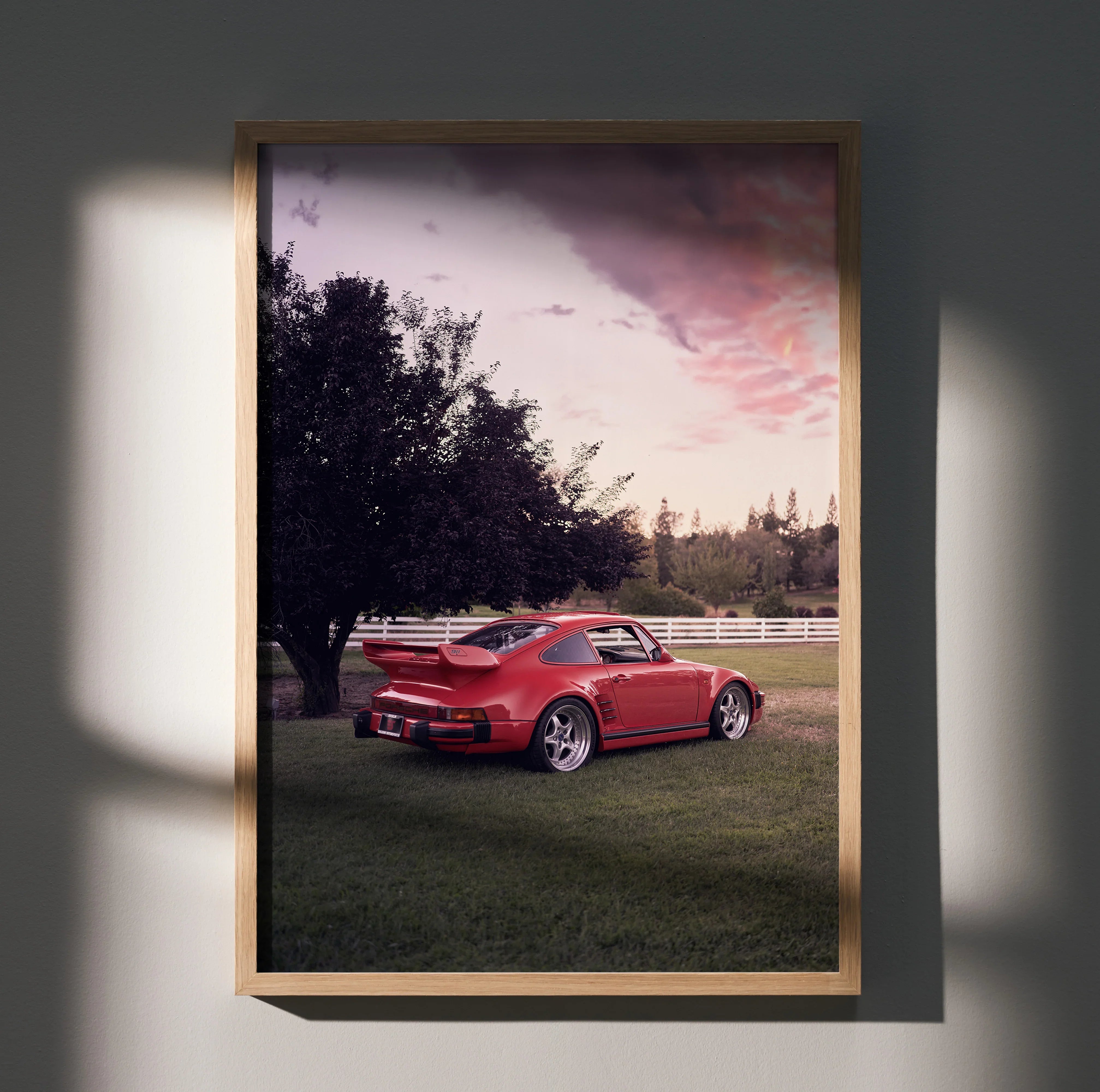 Porsche 911 Turbo Slant-Nose poster wall art with red car under pink sunset sky.