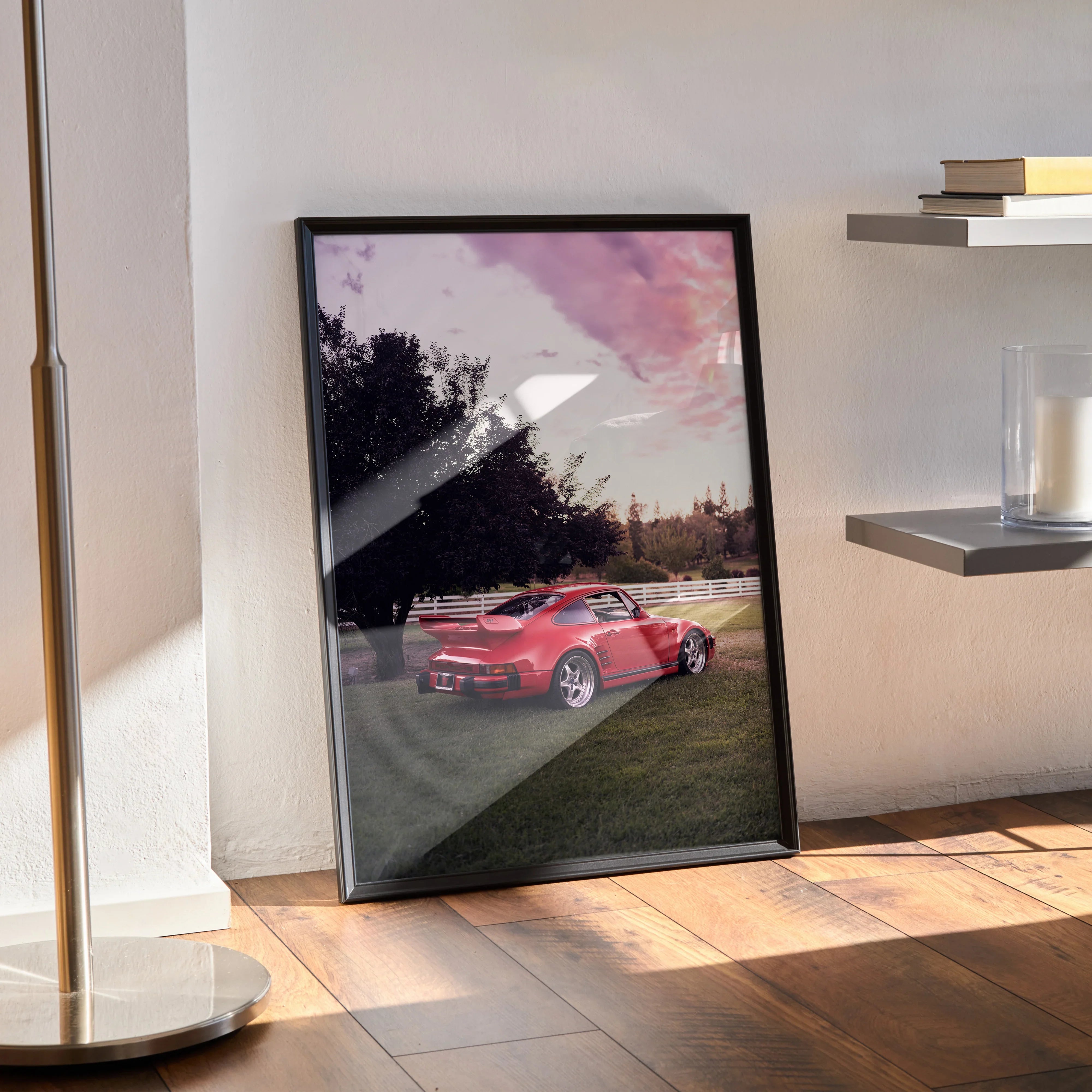 Porsche 911 Turbo Slant-Nose red car poster with sunset sky wall art in black frame.