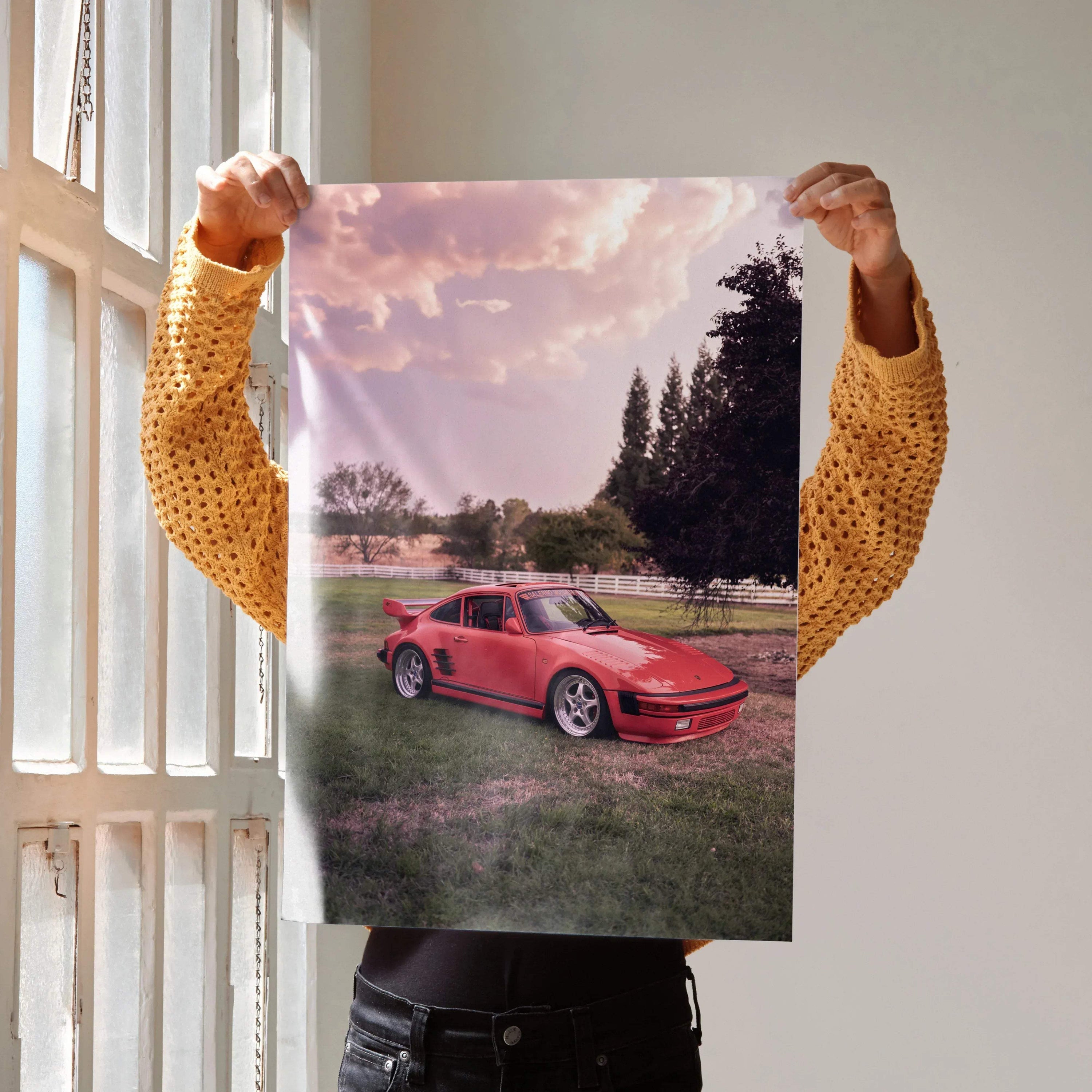 Porsche 911 Turbo Slant-Nose poster with red car by sunset, vibrant automotive wall art.