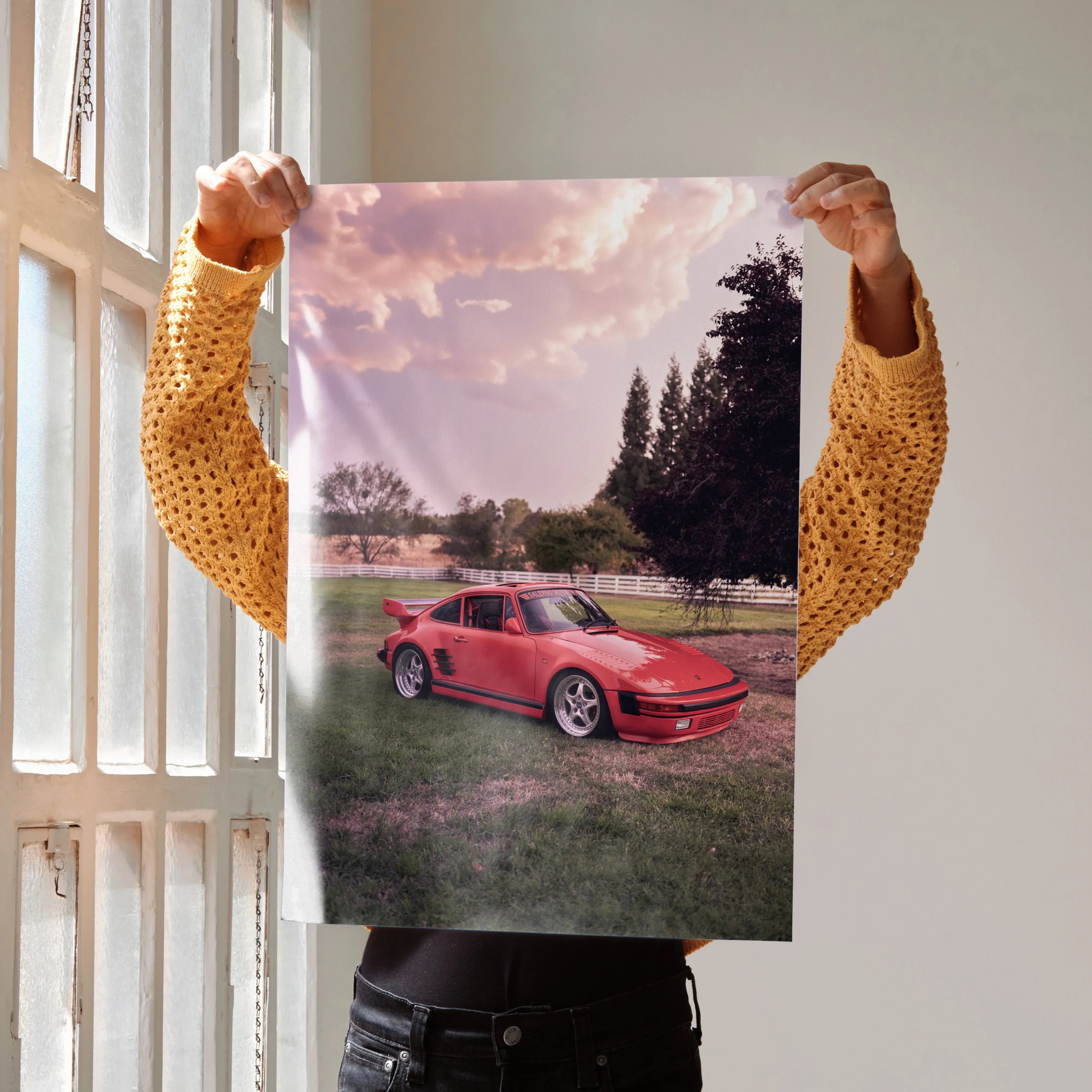 Porsche 911 Turbo Slant-Nose poster with red car by sunset, vibrant automotive wall art.