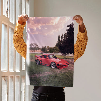 Porsche 911 Turbo Slant-Nose poster with red car by sunset, vibrant automotive wall art.