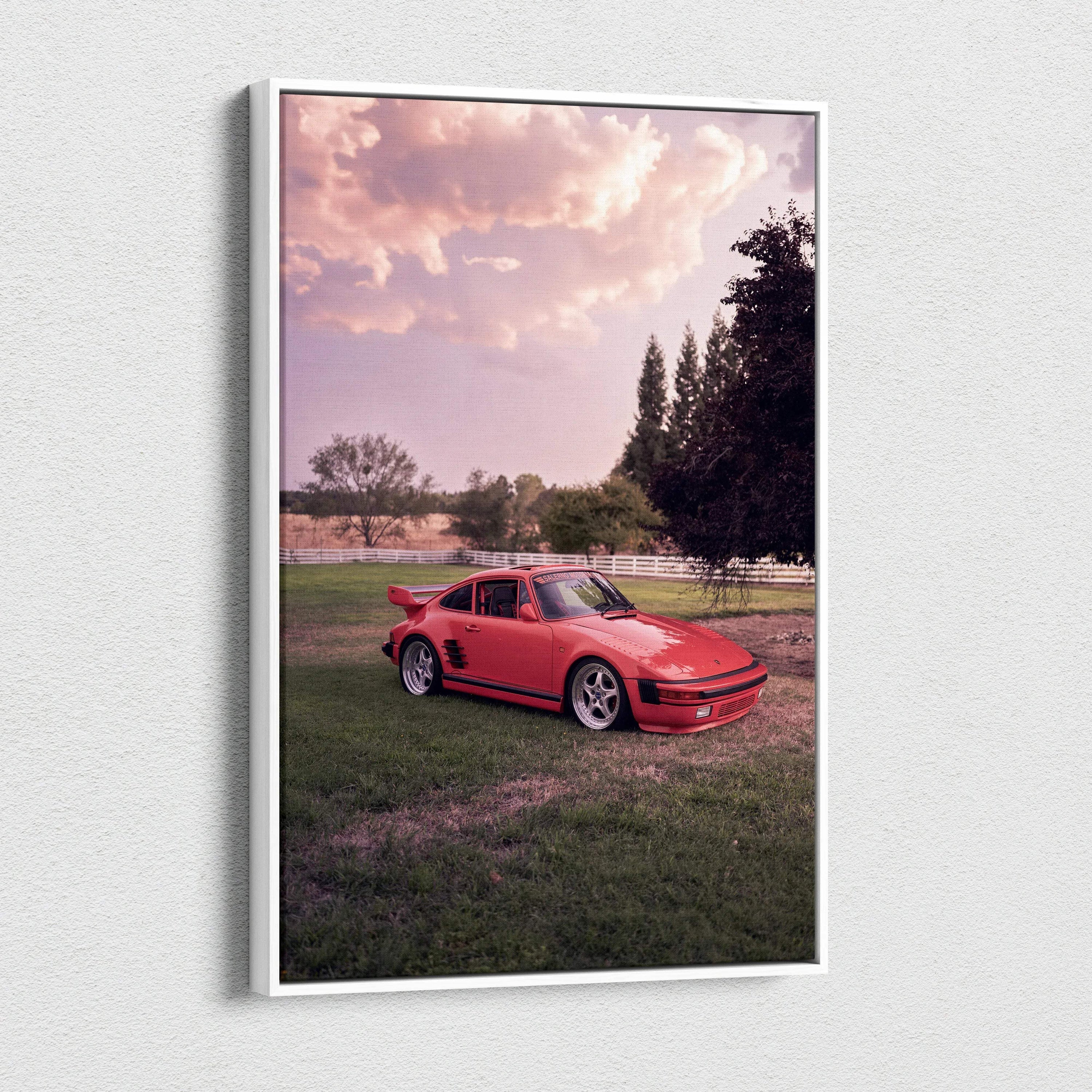 Red Porsche 911 Turbo Slant-Nose on grass at sunset canvas wall art in vertical format.