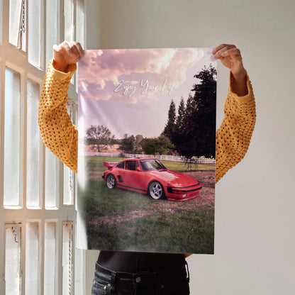 Motivational poster wall art featuring red Porsche 911 Turbo Slant-Nose under a purple sunset sky.