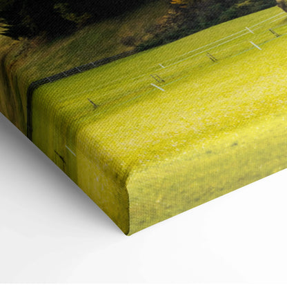 Close-up of vibrant yellow and green canvas art showing textured architecture design on wall art canvas print.