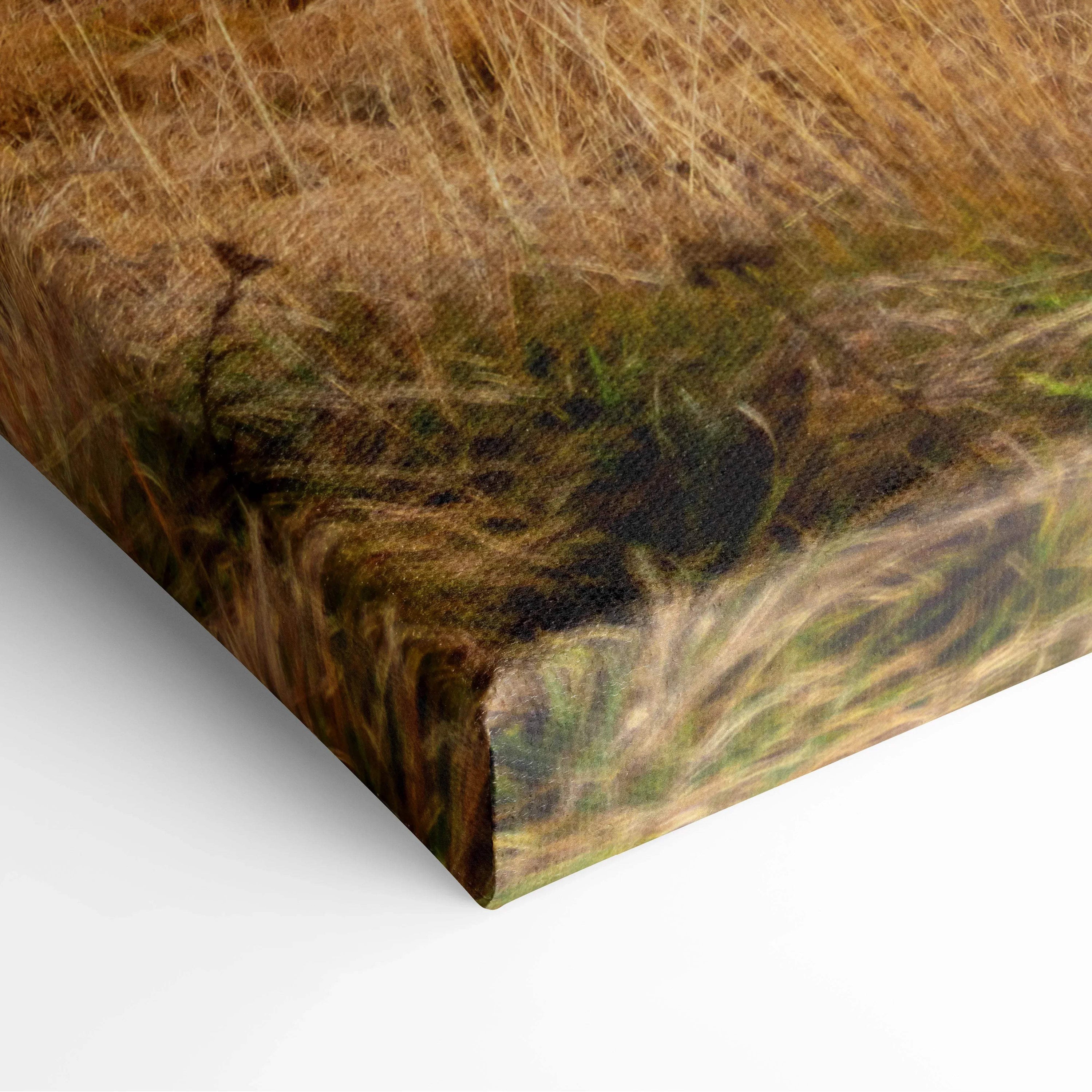 Close-up of textured canvas art showing autumn grass detail with warm golden tones for wall art.