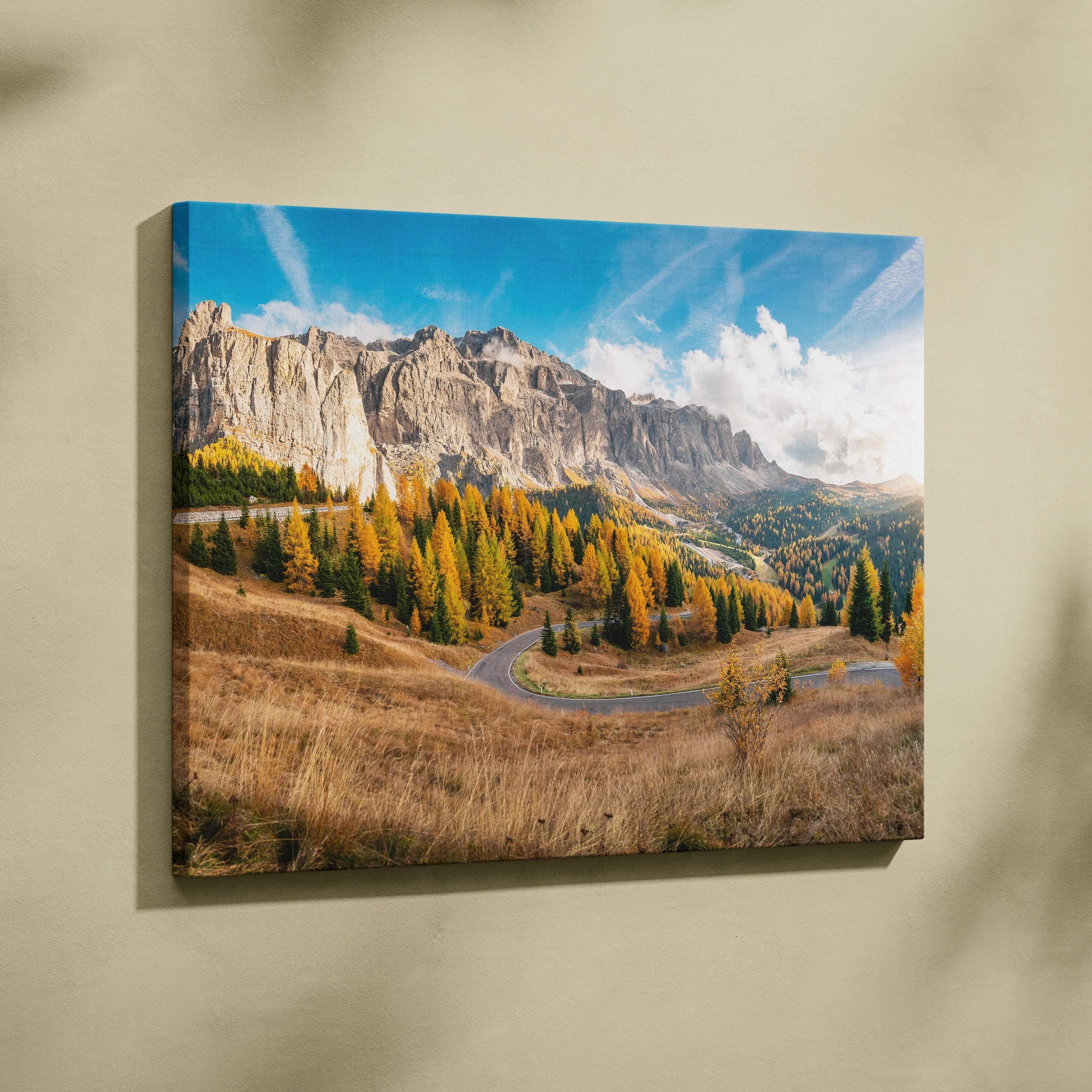 Autumn mountain landscape canvas art with golden foliage and rugged peaks wall art.