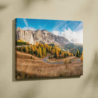 Autumn mountain landscape canvas art with golden foliage and rugged peaks wall art.