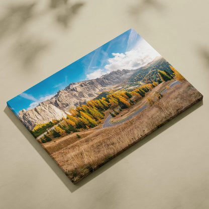 Autumn mountain landscape canvas wall art with golden foliage and rugged peaks.