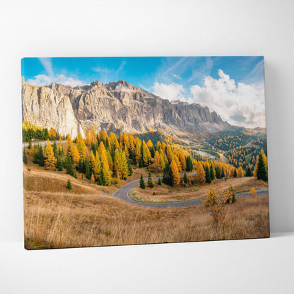 Autumn mountain landscape canvas art with golden foliage and rugged peaks wall art.