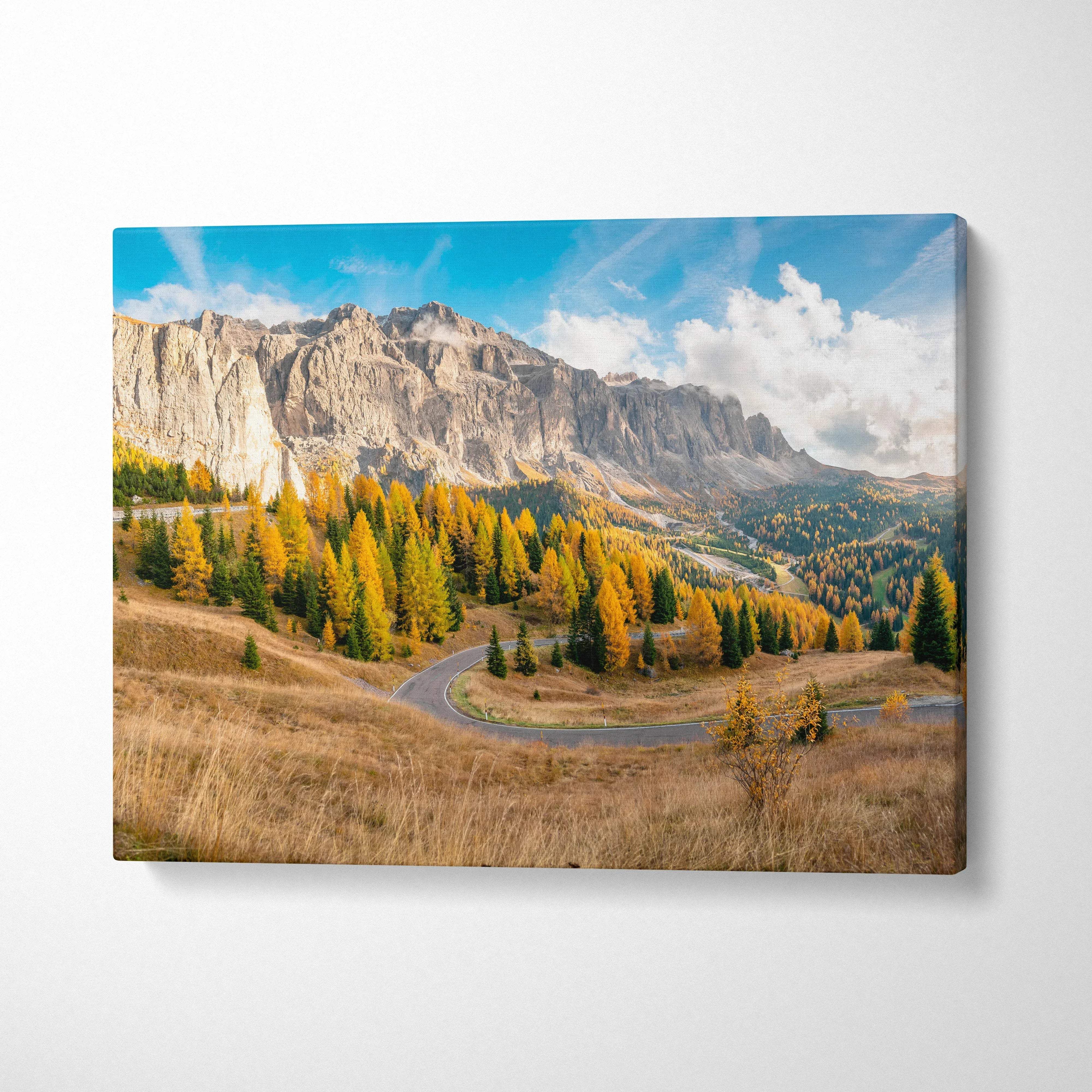 Autumn mountain landscape canvas art with golden foliage and rugged peaks wall art.