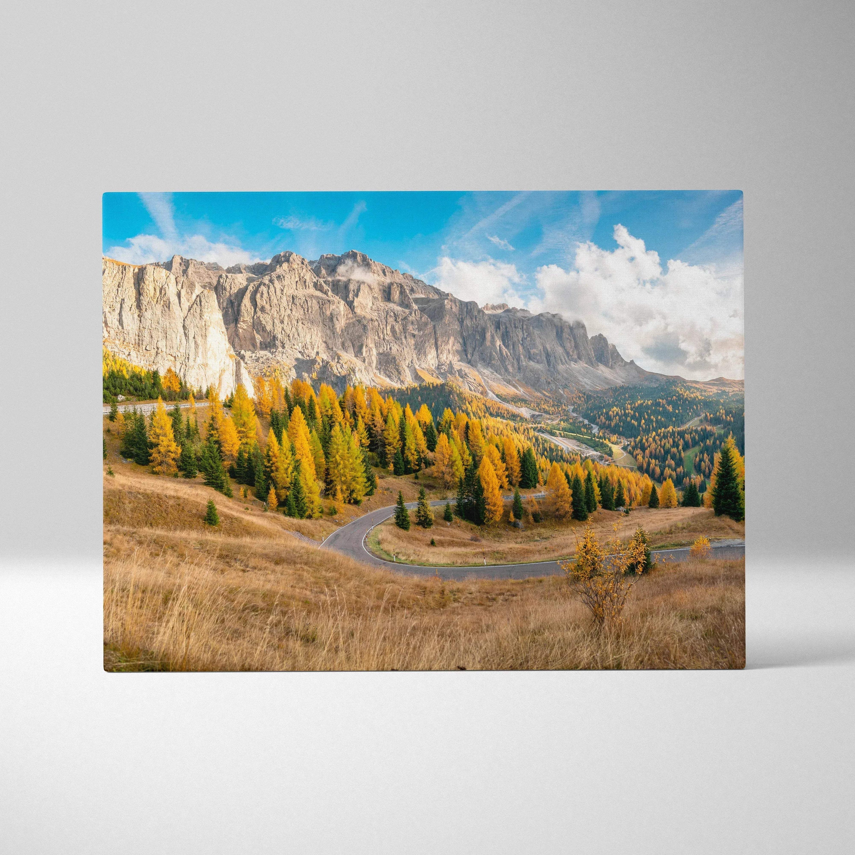 Autumn mountain landscape canvas art with golden foliage and rugged peaks wall art.