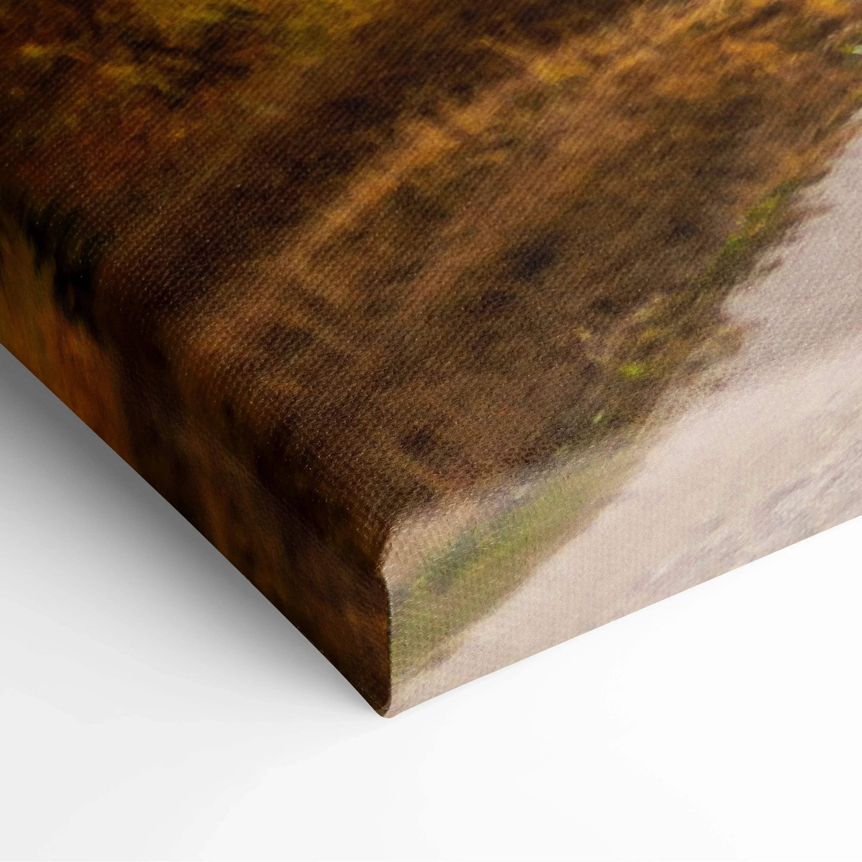 Close-up of stretched canvas wall art with warm brown and beige tones and detailed textured surface.