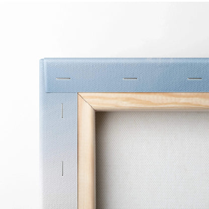 Close-up of wooden frame and stapled canvas corner for digital wall art print.