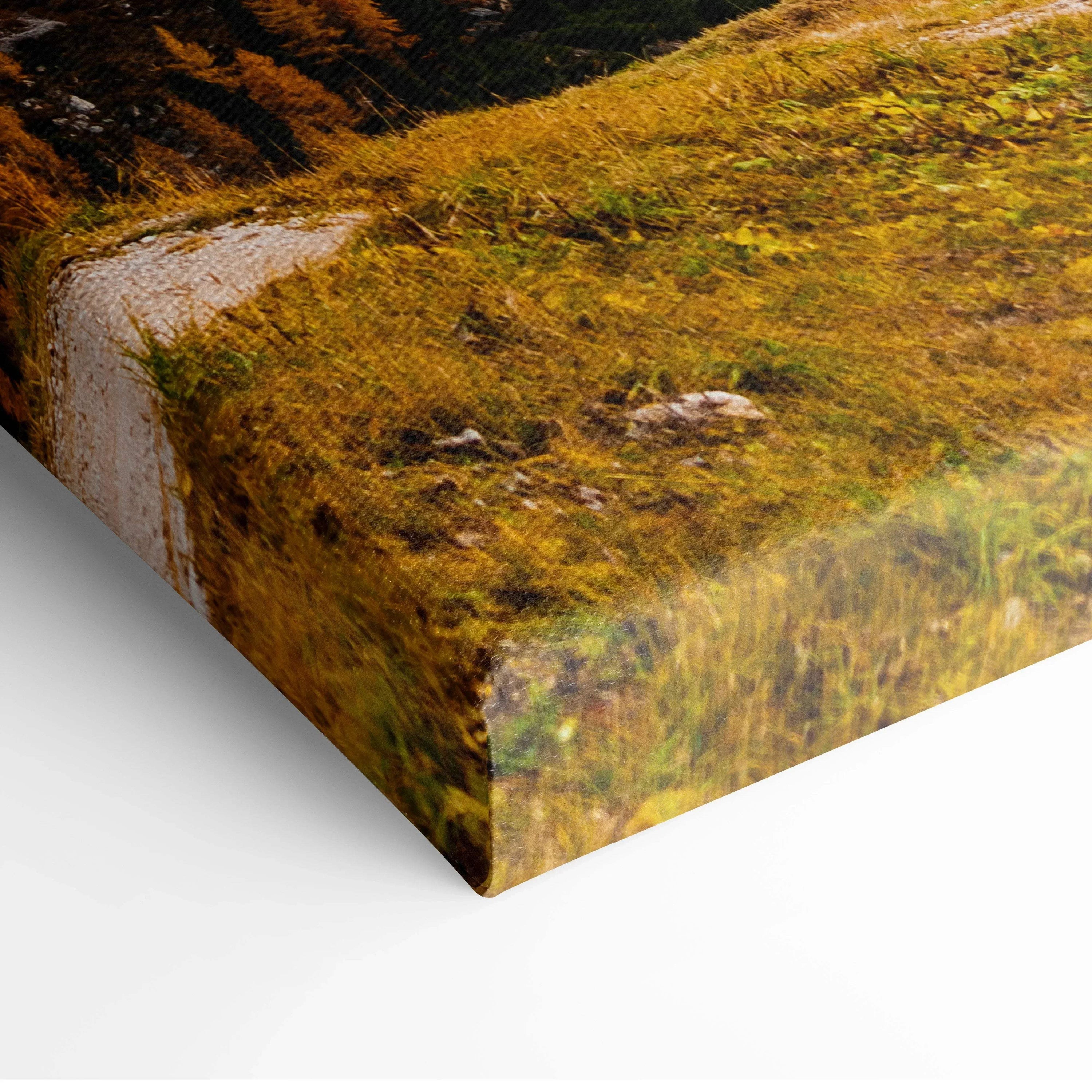 Close-up of autumn mountain landscape digital canvas wall art with vibrant foliage colors and detailed texture.