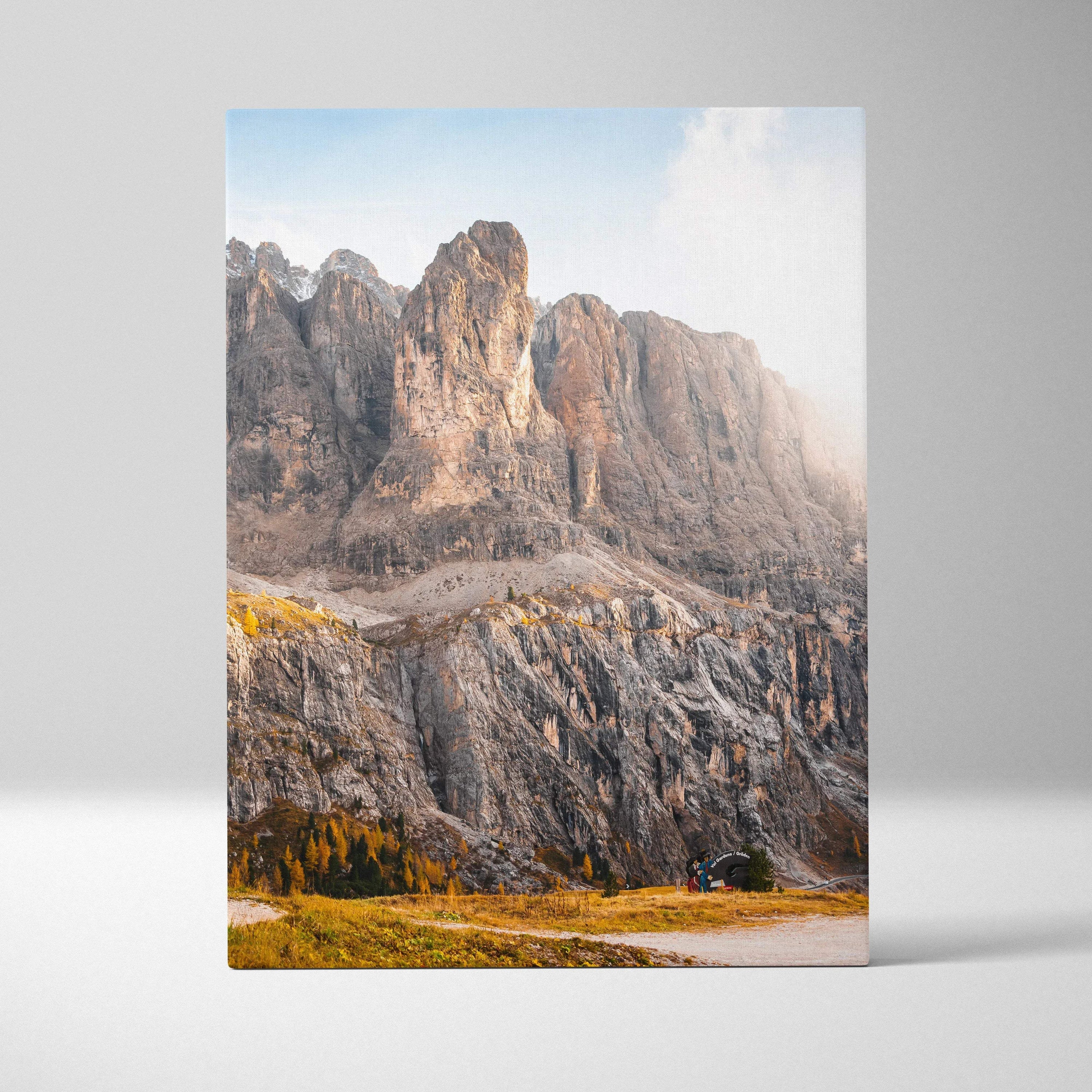 Autumn mountain landscape canvas art with rocky peaks and mist, vertical wall art print.