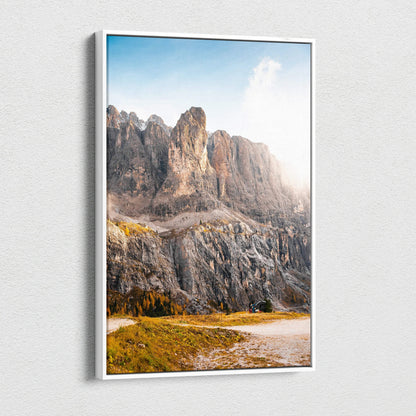 Vertical canvas wall art print featuring rugged autumn mountains under a clear blue sky.