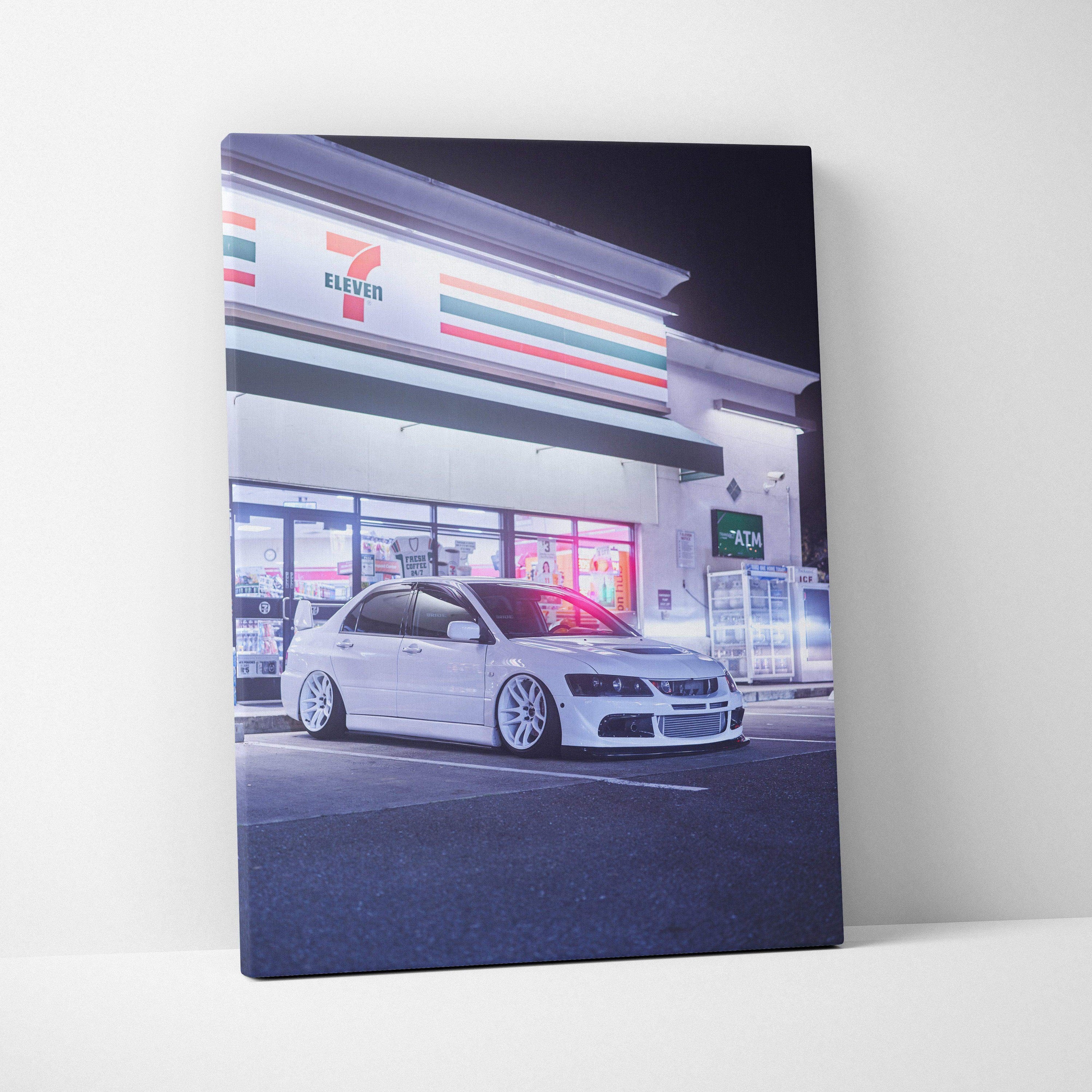 Mitsubishi Evo 8 car at night outside 7-Eleven on vertical canvas wall art.