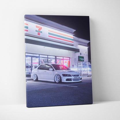 Mitsubishi Evo 8 car at night outside 7-Eleven on vertical canvas wall art.