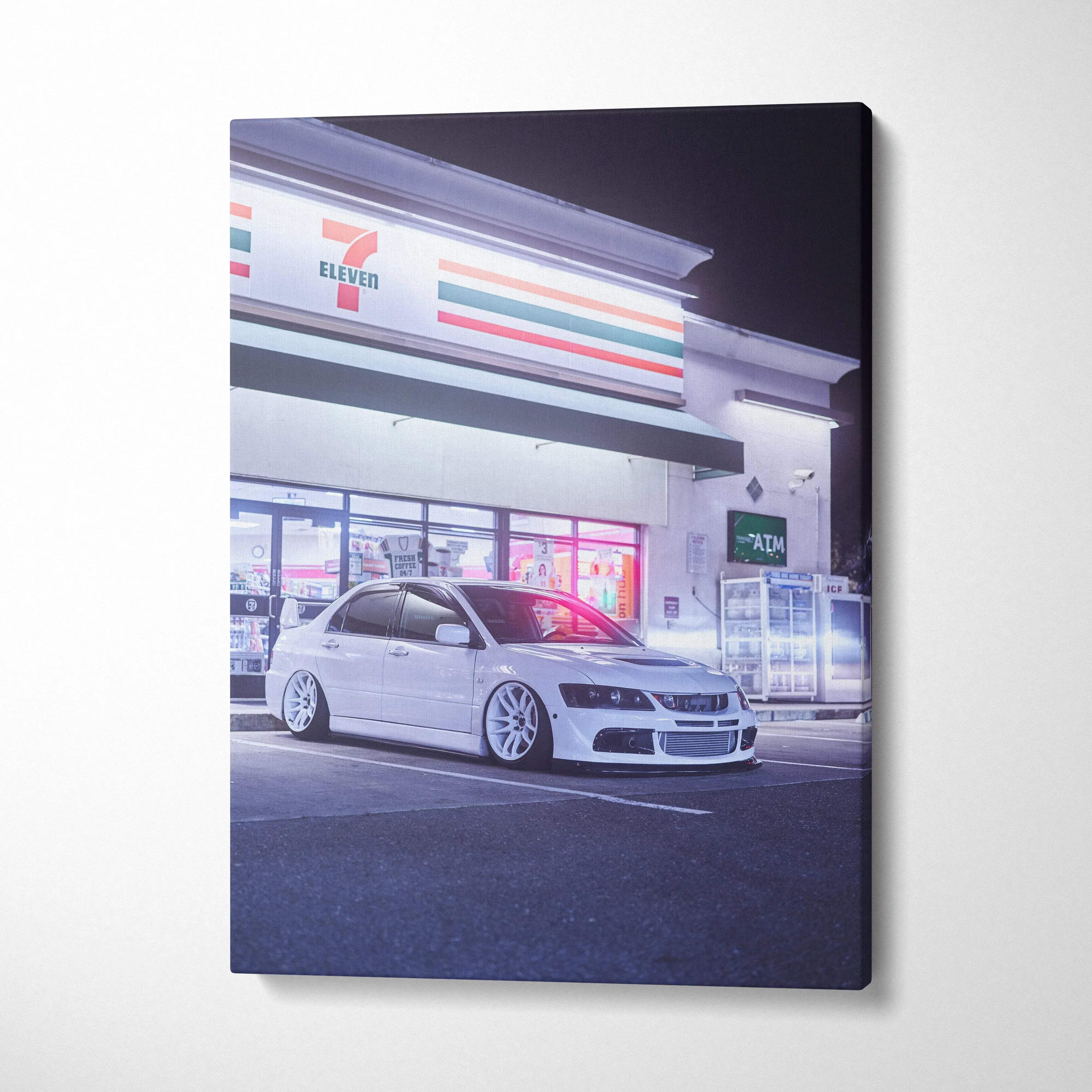Mitsubishi Evo 8 parked in front of illuminated convenience store canvas wall art in vertical format.