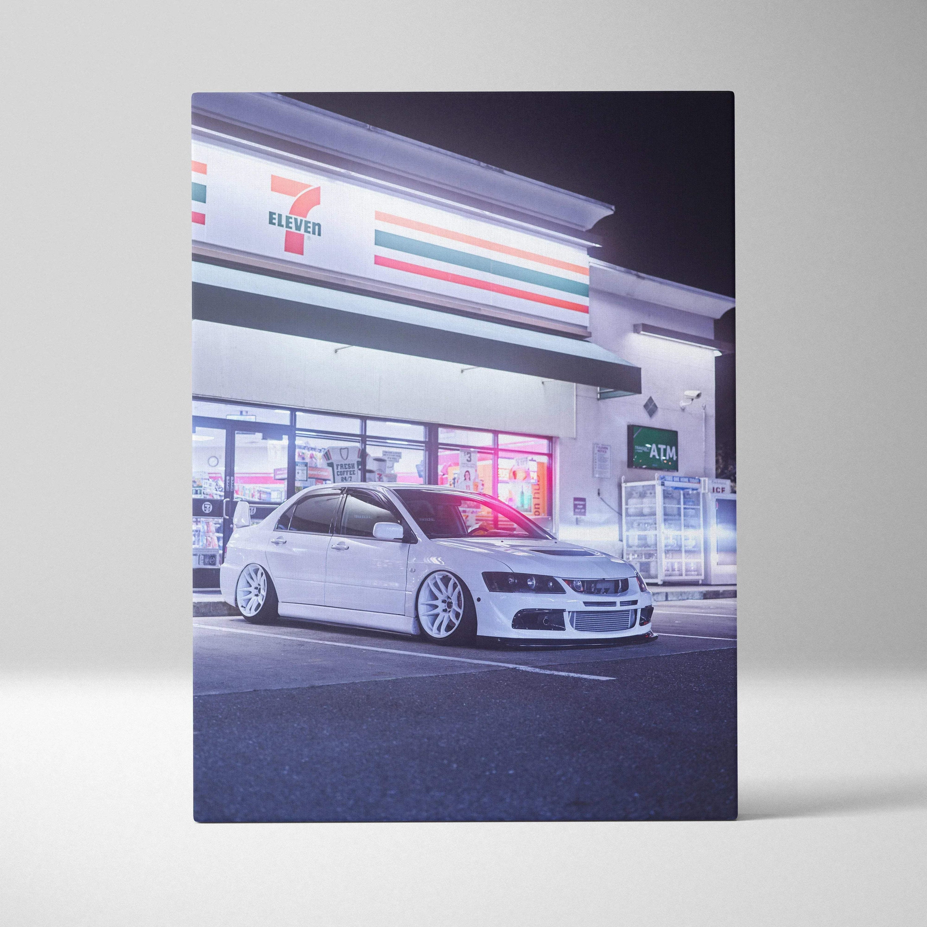 Mitsubishi Evo 8 parked outside 7-Eleven at night canvas wall art print.