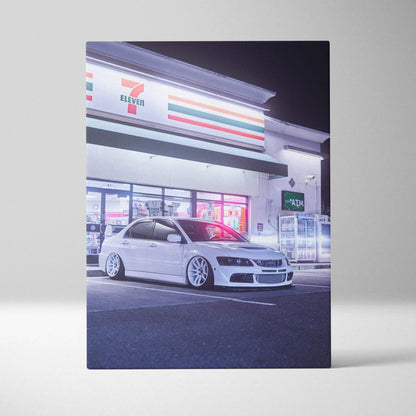 Mitsubishi Evo 8 parked outside 7-Eleven at night canvas wall art print.