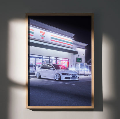 Mitsubishi Evo 8 white car parked at night outside a 7-Eleven store poster wall art.