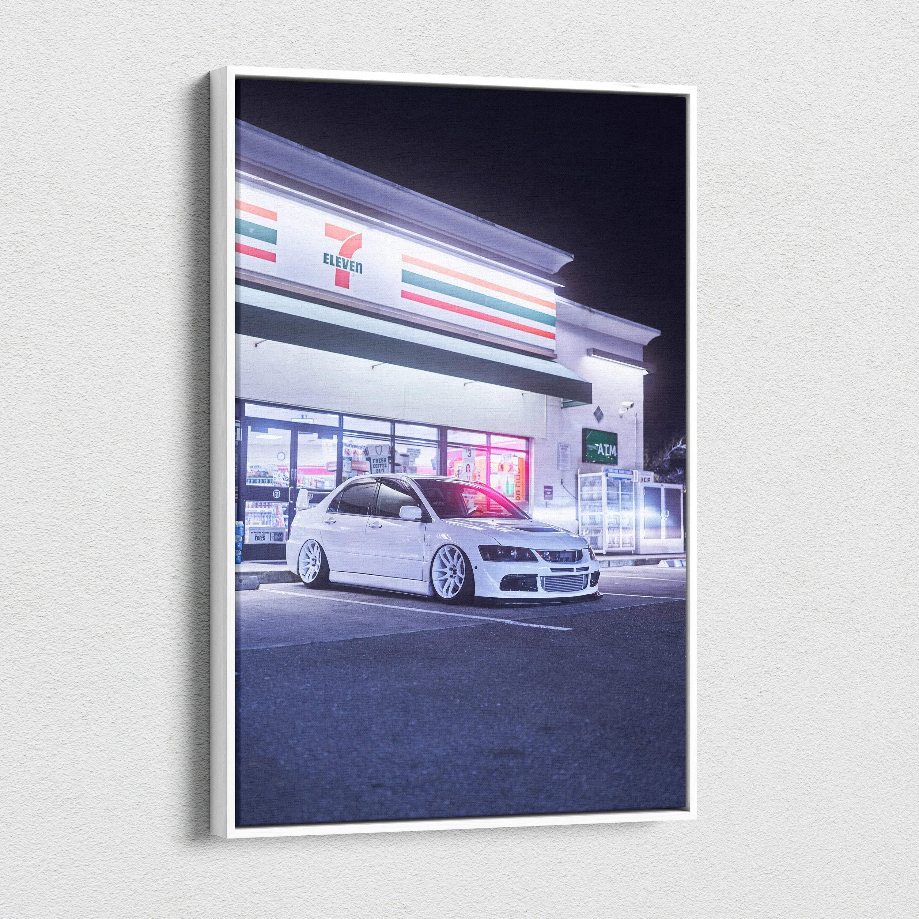 Vertical canvas art of a white Mitsubishi Evo 8 parked outside a 7-Eleven at night, wall art with vivid lighting and sharp.