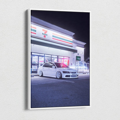 Vertical canvas art of a white Mitsubishi Evo 8 parked outside a 7-Eleven at night, wall art with vivid lighting and sharp.