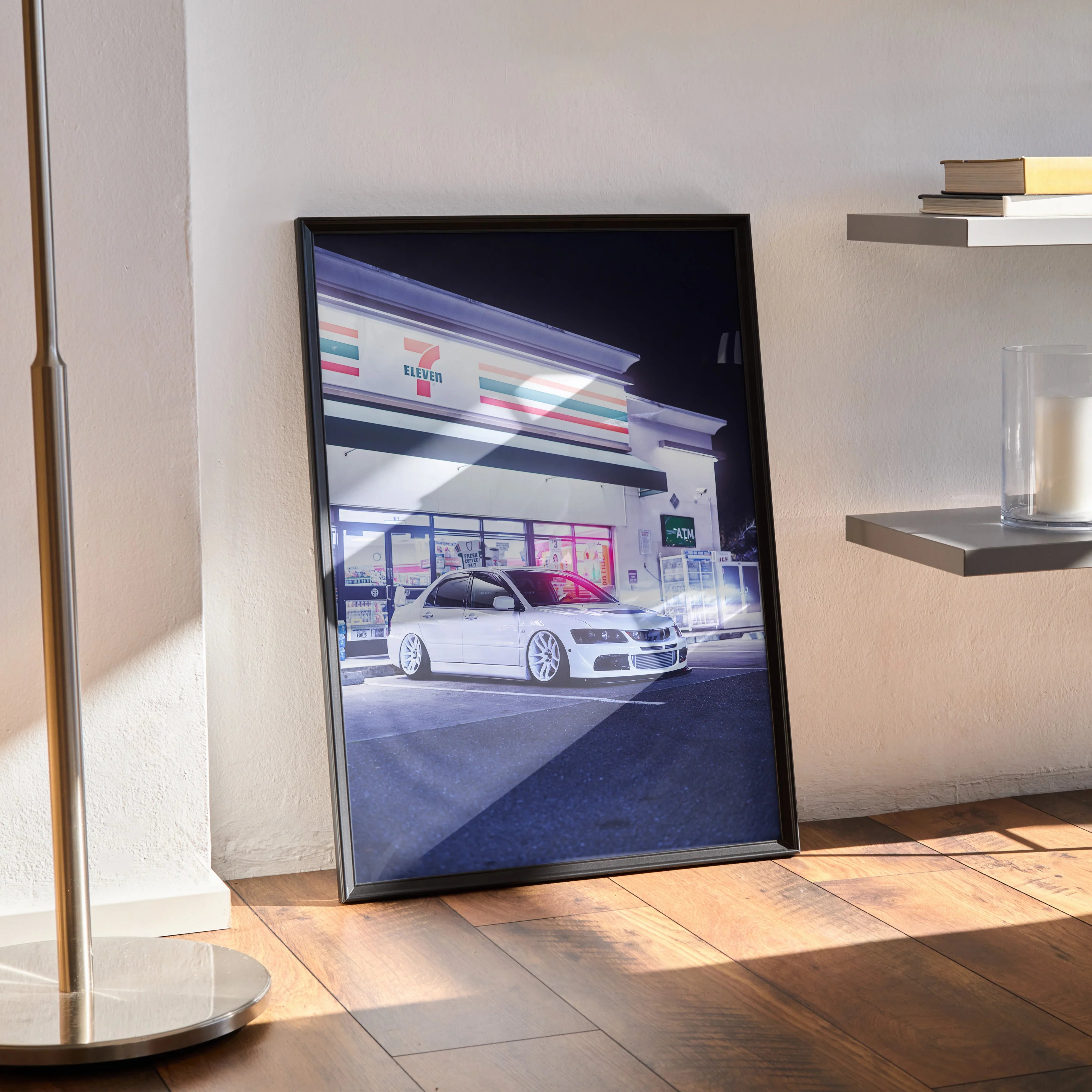 Mitsubishi Evo 8 poster wall art featuring high-resolution iconic car illustration in a black frame.