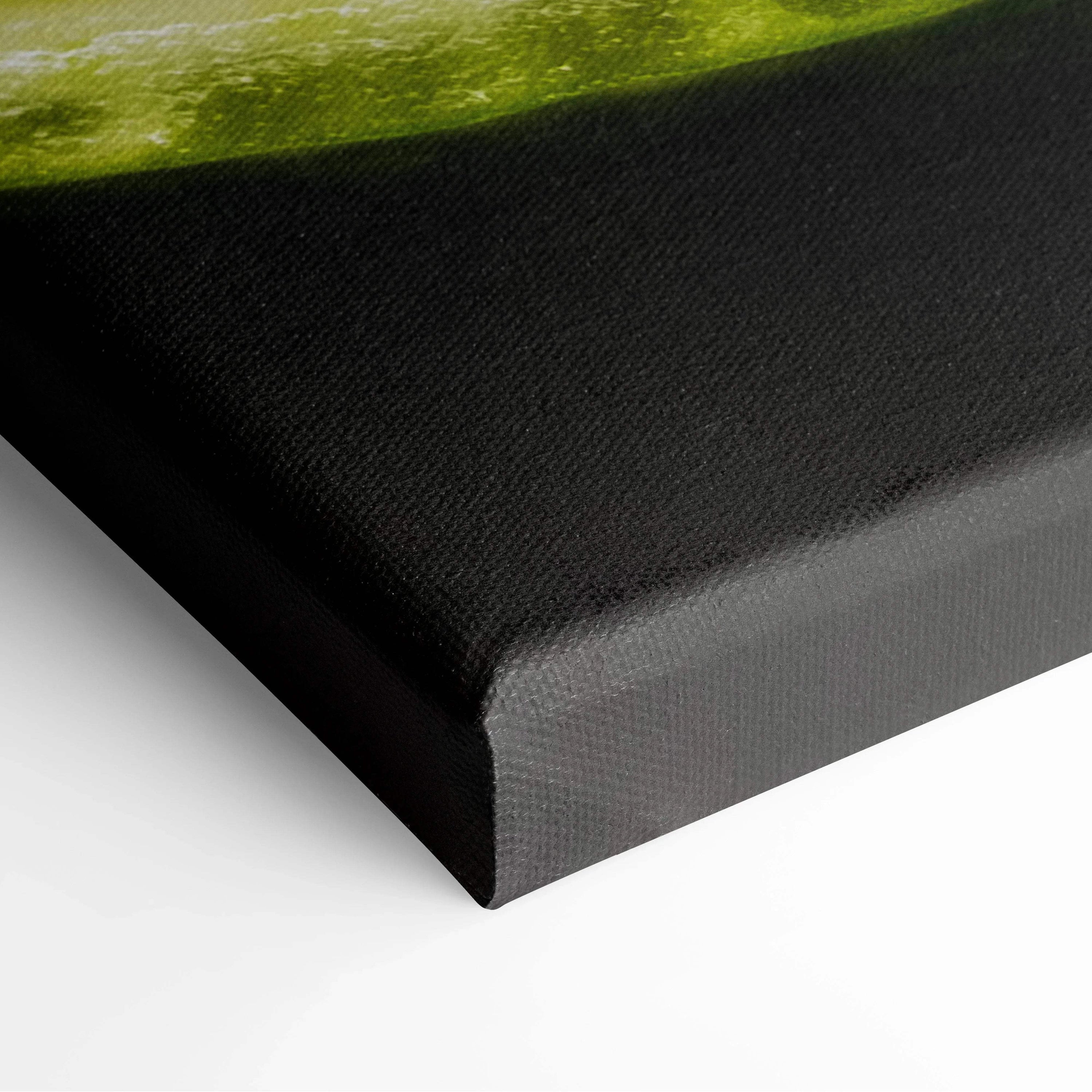 Close-up of black gallery-wrapped canvas edge with vibrant lime detail, modern wall art decor.