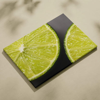 High-resolution canvas wall art featuring vibrant green lime slices on a dark background.