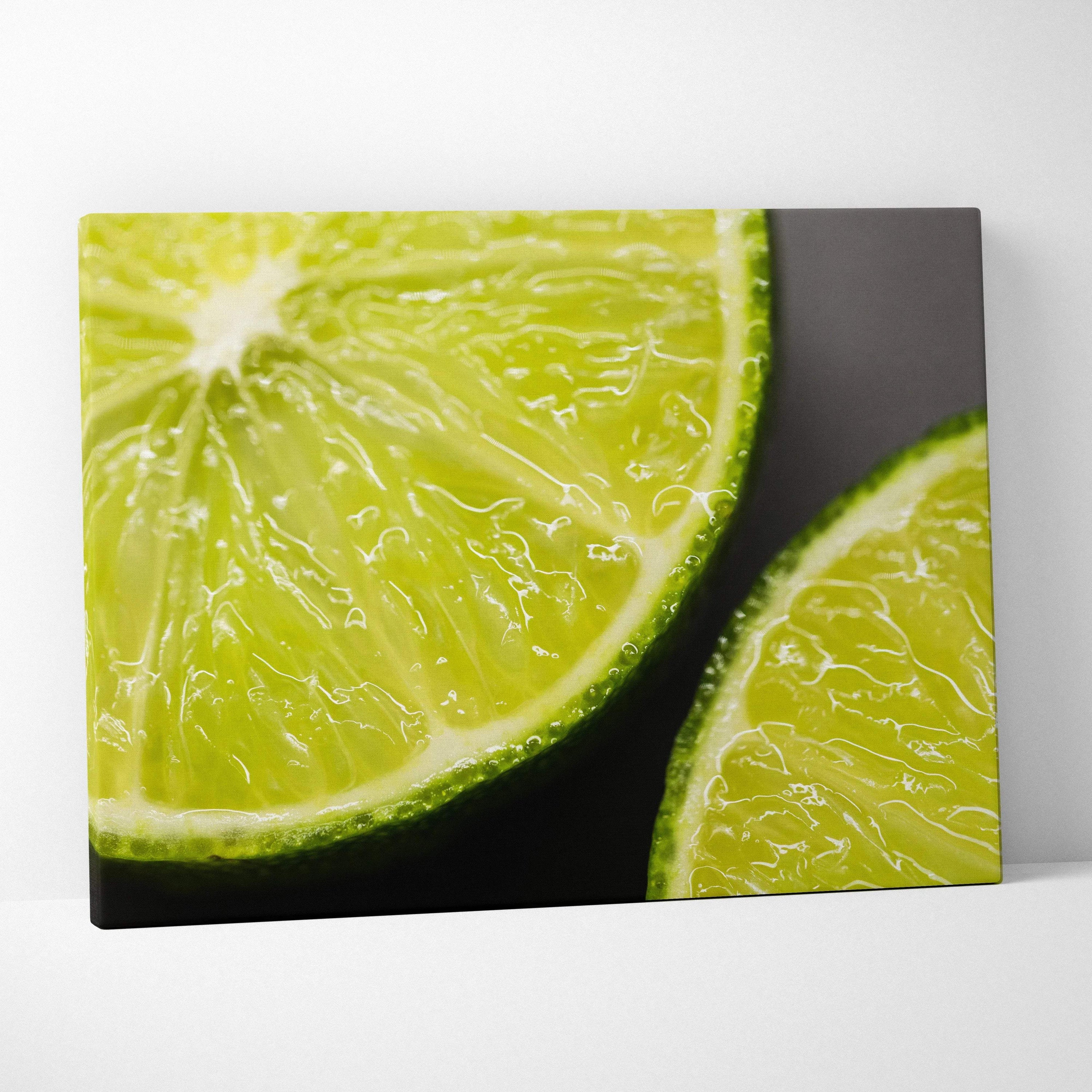 High-resolution canvas wall art featuring close-up of juicy green lime slices with detailed texture and vibrant colors.