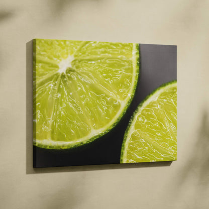 High-resolution canvas wall art featuring close-up of bright green juicy lime slices with textured pulp and dark background.