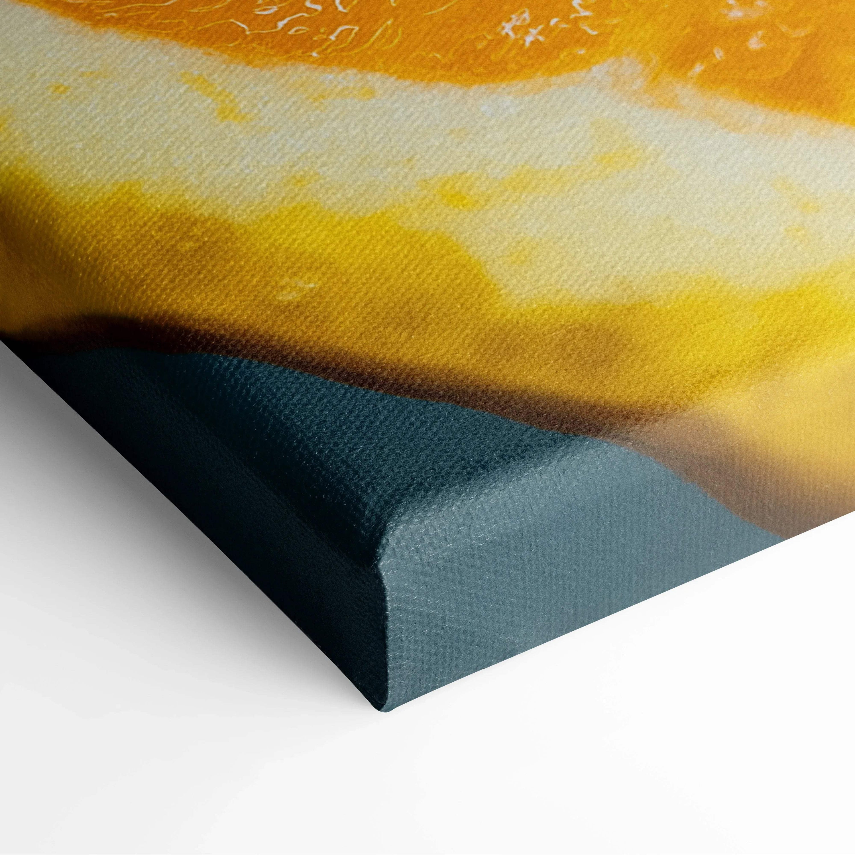 Close-up of canvas wall art featuring vibrant orange slice with juicy textures and rich color details on wrapped edges.