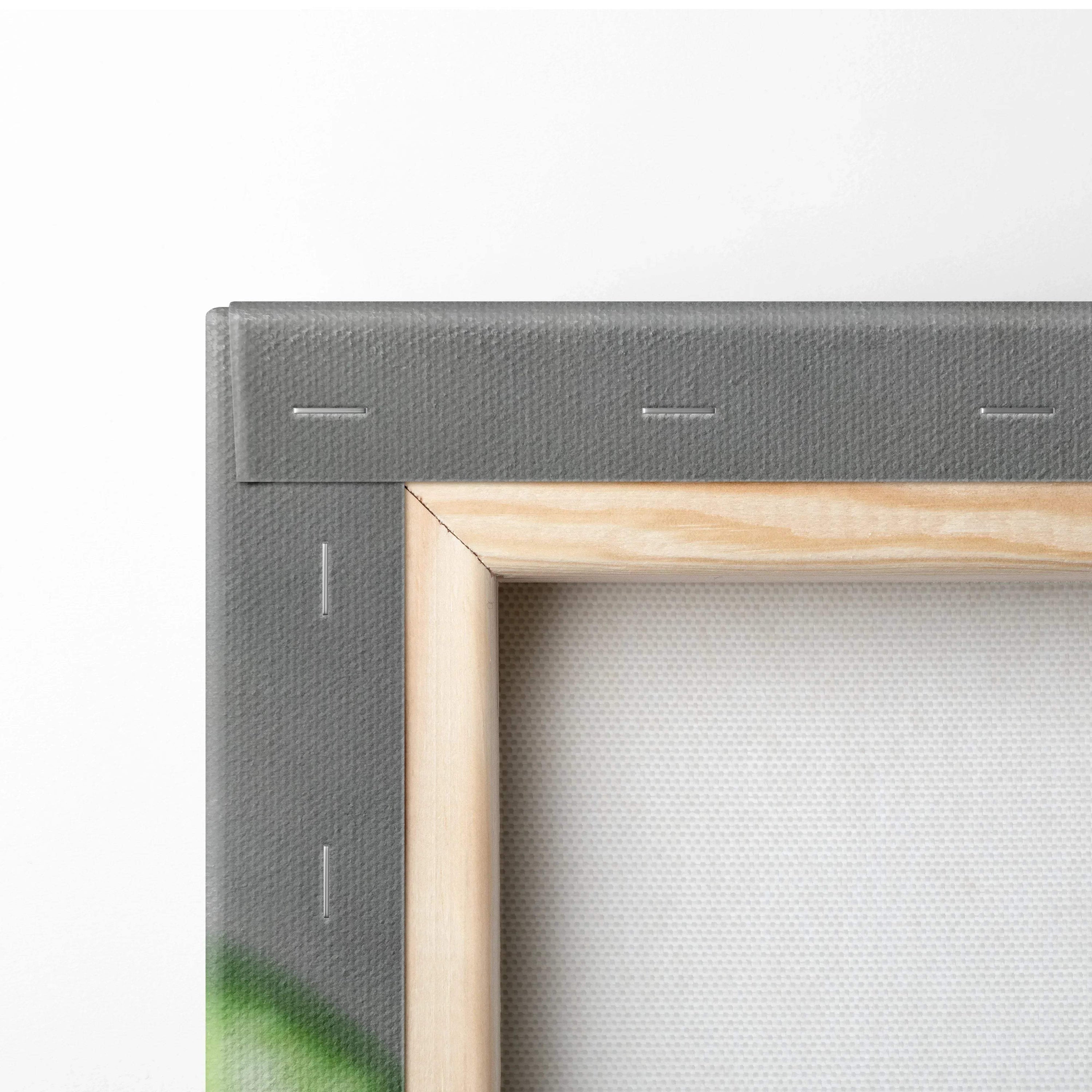 Close-up of wooden frame corner with gray stretched canvas fabric and metal staples securing fabric for wall art decor.