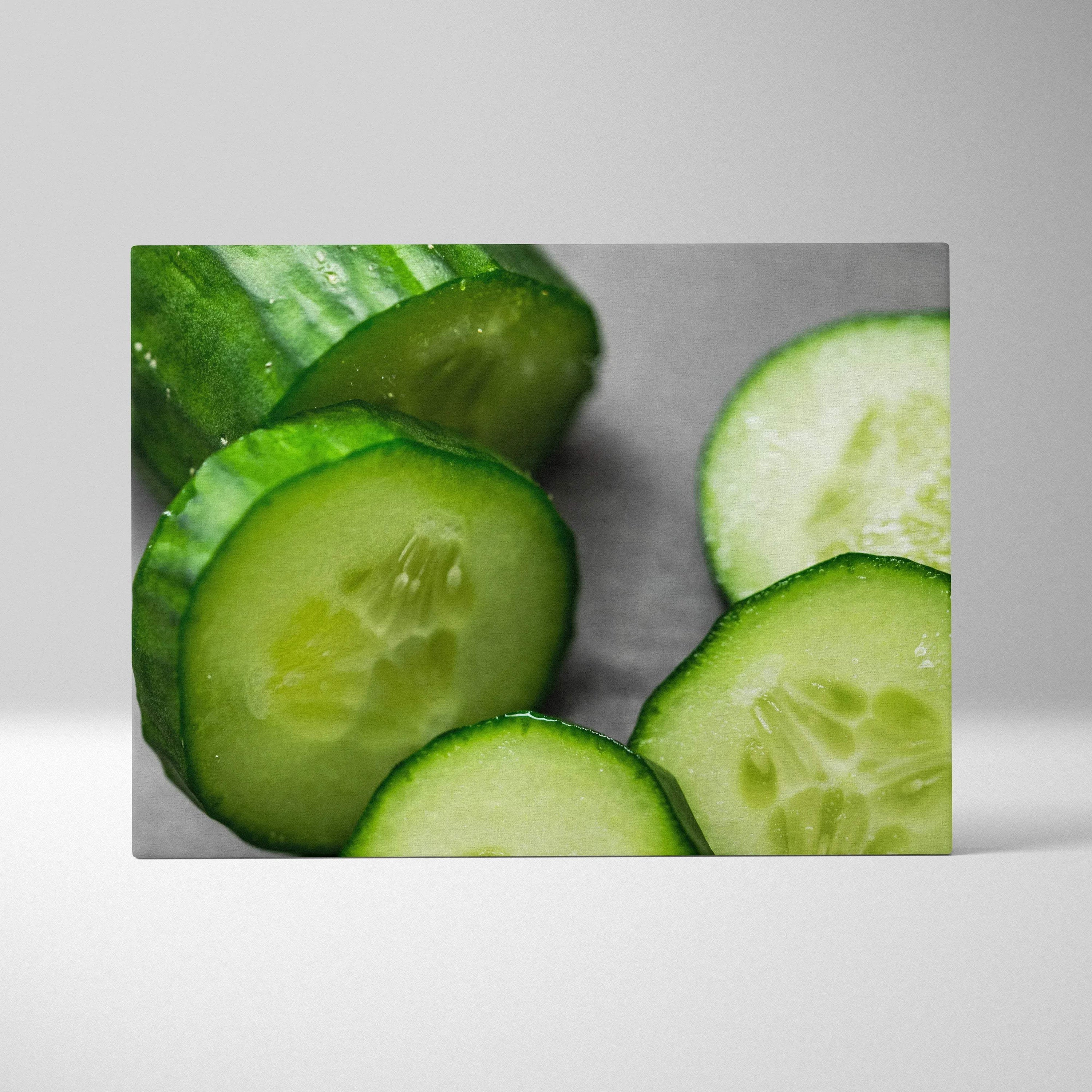 Vibrant cucumber close-up canvas wall art with fresh green tones for home decor.