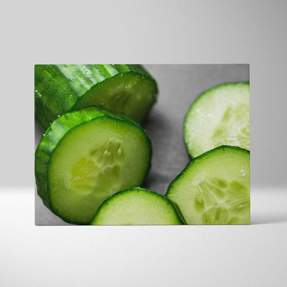 Vibrant cucumber close-up canvas wall art with fresh green tones for home decor.