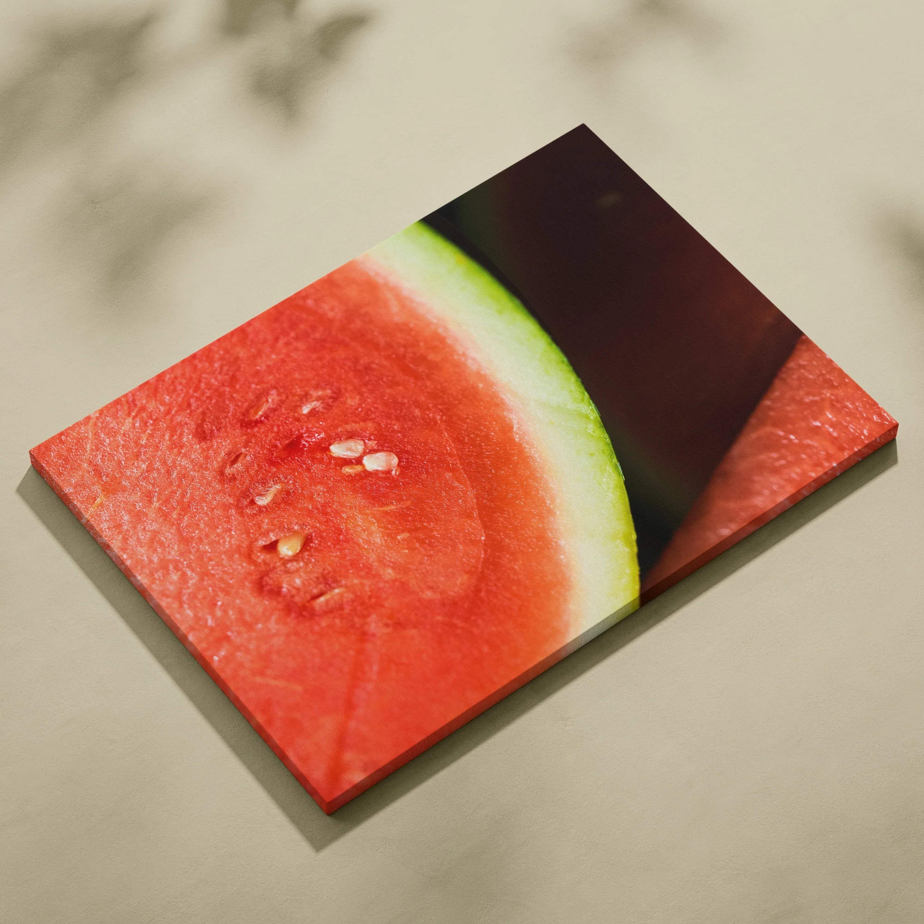 Vibrant watermelon slice close-up canvas wall art with bright red and green colors decor.