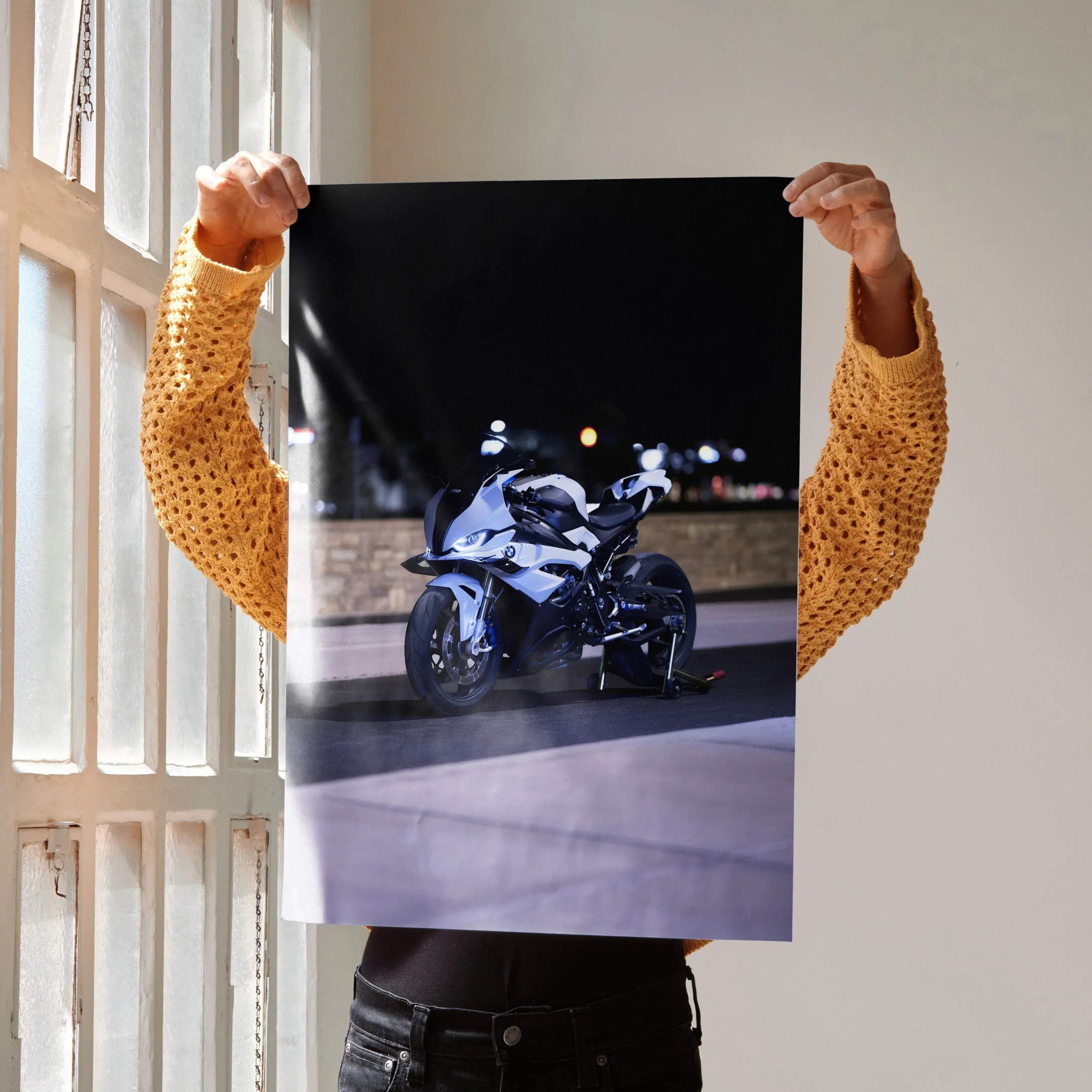 BMW S1000RR motorcycle poster with sleek design and dark night background wall art.