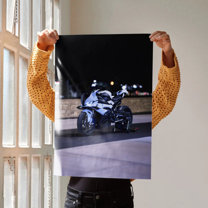 BMW S1000RR motorcycle poster with sleek design and dark night background wall art.