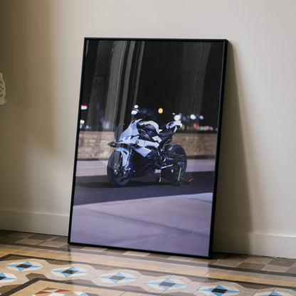 BMW S1000RR motorcycle poster on wall with night city background, sleek modern wall art.