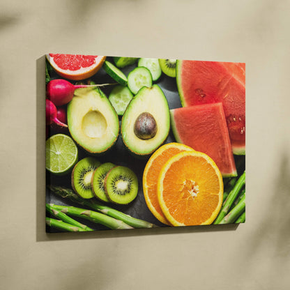 Vibrant canvas wall art featuring fresh fruit plate with oranges, watermelon, kiwi, and avocado for home decor.