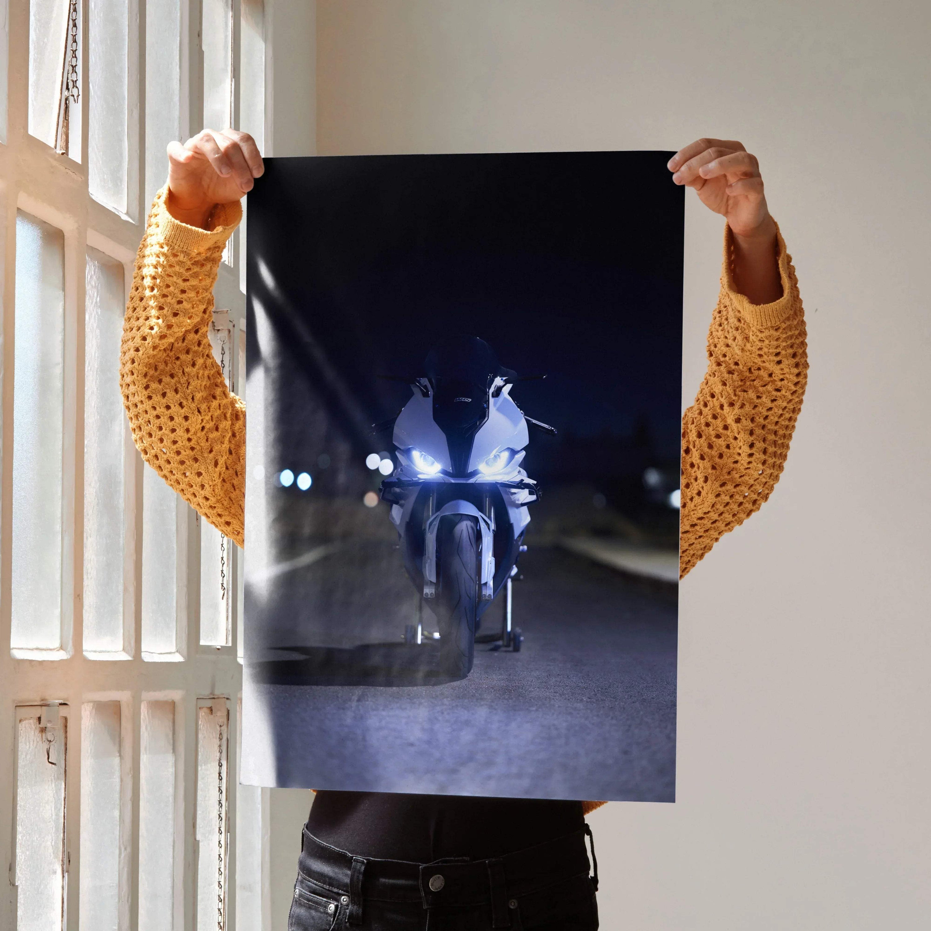 BMW S1000RR motorcycle poster showing rear view on dark road at night, premium wall art.