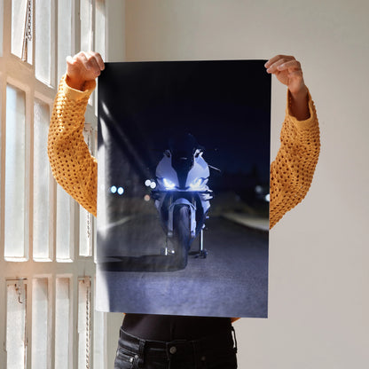 BMW S1000RR motorcycle poster showing rear view on dark road at night, premium wall art.